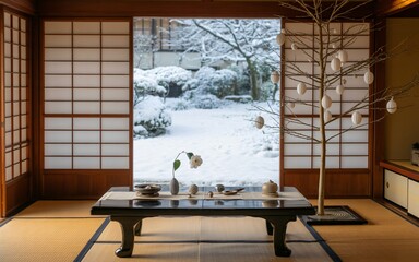 Looking through the open sliding doors of a traditional Japanese room reveals a snowy garden. A low black table is set with tea, sitting quietly before the serene winter landscape. 