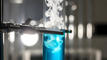 White chemical ink swirling into bright blue liquid solution inside a clear glass test tube, held securely by a shiny metal clamp in a modern scientific laboratory environment for advanced research.