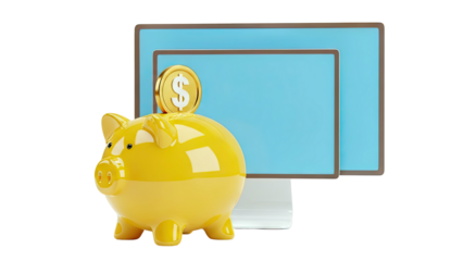 Piggy Bank with Dollar Coin and Computer Screen