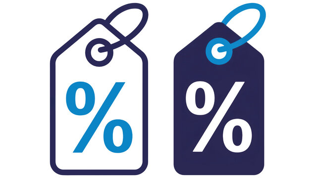 Two modern digital price tag icons with percentage symbols on a dark background representing sales discounts promotions and special offers - Powered by Adobe