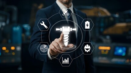 Businessman in suit managing industrial drilling operations through futuristic digital holographic interface