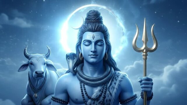Serene blue digital art captures lord shiva meditating with his trident and nandi under a dramatic, glowing shivaratri moon.