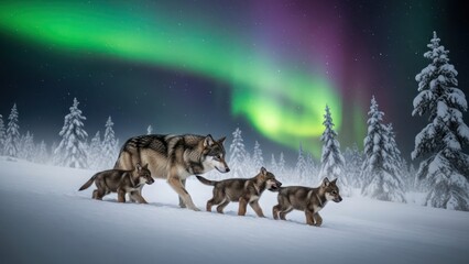 A wolf and her cubs walk through a snowy forest under the aurora borealis with snow-covered trees.