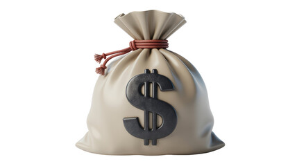 A charming cartoon like beige money bag featuring a large dark dollar symbol tied with a brown string stands on a black surface under soft studio ligh