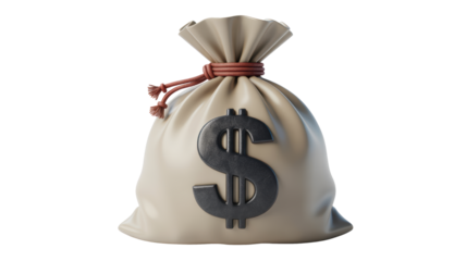A charming cartoon like beige money bag featuring a large dark dollar symbol tied with a brown string stands on a black surface under soft studio ligh