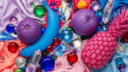 Artistic arrangement of blue banana purple oranges and pink pineapple with assorted gemstones