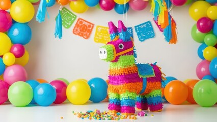 Colorful donkey piñata decorated with vibrant balloons and festive banners for a fun celebration party