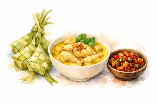 Traditional Indonesian Eid al-Fitr Food Watercolor Illustration - Ketupat, Opor Ayam, and Sambal Goreng Kentang. Authentic Lebaran Festive Dishes Isolated on White Background.