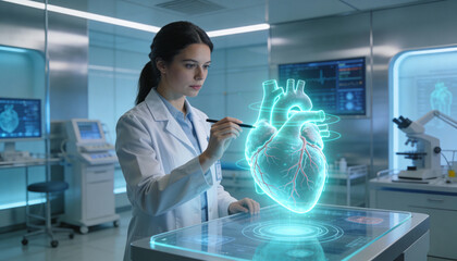Female Doctor Analyzing AI 3D Human Heart Hologram on Futuristic Interface in Modern Lab. Digital Cardiology, Advanced Healthcare Technology & Innovat