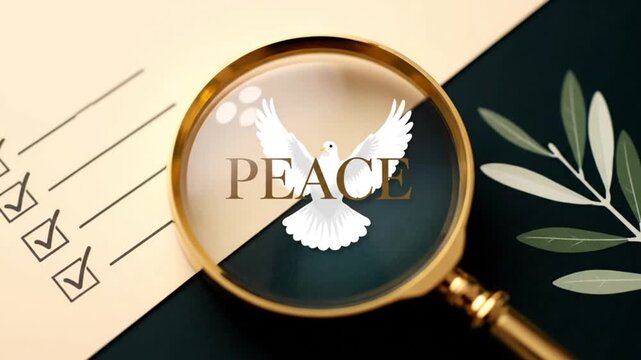 Magnifying Glass Focusing on Peace Word with White Dove and Olive Branch Symbol - Concept of International Peace, Harmony, Conflict Resolution, and World Hope