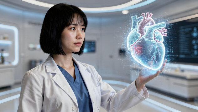 Female Doctor Analyzing AI-Powered 3D Human Heart Hologram in Futuristic Clinic, Digital Cardiology Technology & Healthcare Innovation Concept. - Powered by Adobe