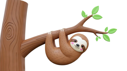 Cute 3D Cartoon Sloth Hanging on Tree Branch with Leaves