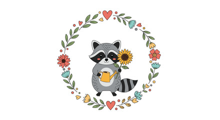 Fototapeta premium Sweet cartoon raccoon character holding a bright sunflower and a yellow watering can framed by a delicate heart and flower wreath.