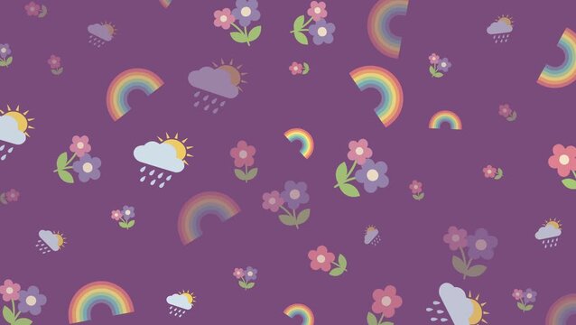 Seamless looping spring weather pattern animation with rainbows, clouds, flowers, and rain. Cute flat style with pastel tones, perfect for playful motion backgrounds and kids visuals.