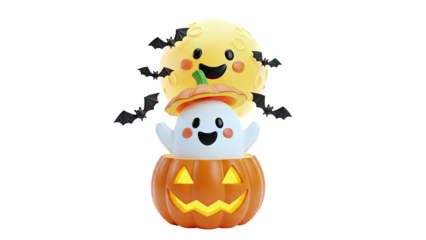 Cute Halloween Ghost, Pumpkin, Moon, and Bats