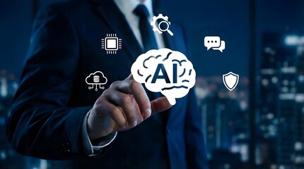 Professional male in suit pointing at floating white AI brain icon against night cityscape