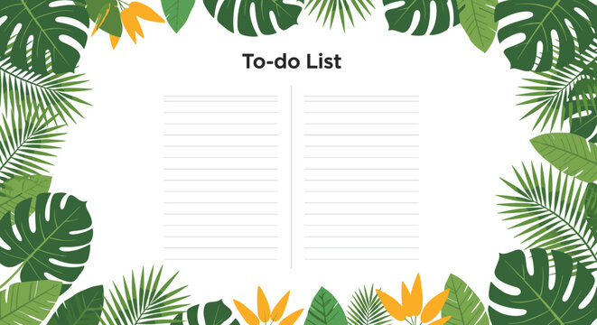 Organized to-do list template design framed by a lush border of various green tropical palm leaves and exotic orange flowers on white.
