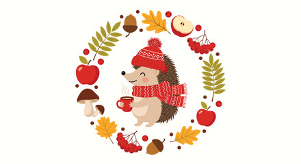 Fototapeta premium Cute cartoon hedgehog wearing a winter hat and scarf holding a hot mug within a circular wreath of autumn leaves, mushrooms, and apples.