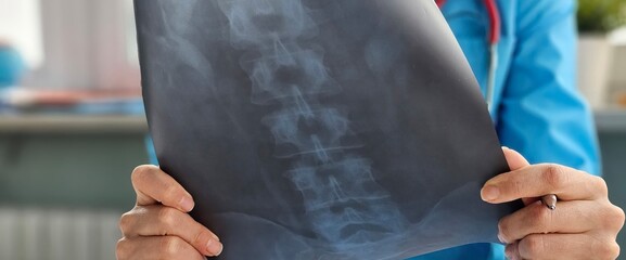 Doctor examines spine x-ray during patient consultation