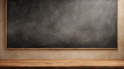 Empty Rustic Chalkboard and Distressed Wooden Table Background with Copy Space � Vintage Classroom or Cafe Menu Mockup.