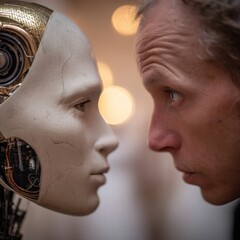 Intense Close-up of Human and Robot Faces in Thoughtful Gaze, Symbolizing AI, Future Technology, and Man-Machine Connection.