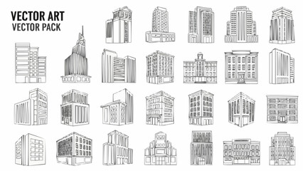 Collection of Hand Drawn City Buildings Vector Art Pack.