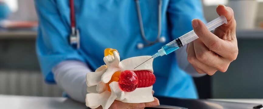 Anatomy model of human spine shows hnp and medical syringe concept