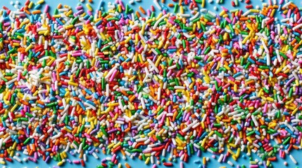 Vibrant Rainbow Sprinkles on Light Blue Background - Sweet Confectionery Texture for Desserts and Celebrations.