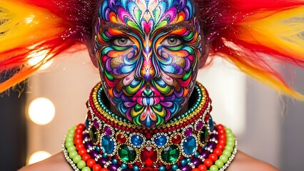 Woman with vibrant face paint and colorful jewelry against a softly blurred background