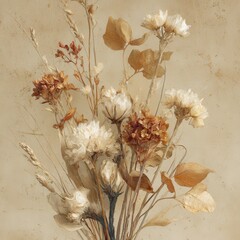Vintage Dried Flower and Wheat Bouquet on Textured Beige Background. Rustic Botanical Arrangement in Painterly Sepia Tones for Natural Decor.