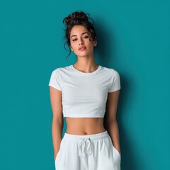 Young Woman in White Crop Top and Sweatpants Standing Against Teal Wall, Casual Fashion Portrait.