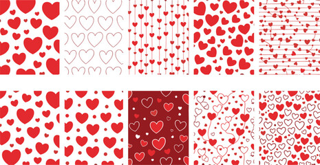 Red heart pattern backgrounds collection with romantic love symbols isolated on white for Valentine greeting cards wrapping paper designs