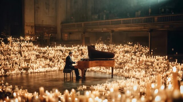 Pianist performing alone surrounded by hundreds of glowing candles inside grand hall creating dramatic atmosphere of focus creativity and emotional music expression during intimate night concert