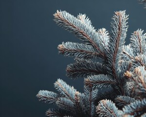 Muted Silvery Blue Spruce Evergreen Branches with Detailed Needles on a Dark Background and Copy Space.