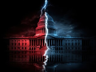 Dramatic Lightning Strike Splits US Capitol Building in Half, Red vs Blue Divide, Symbolizing Political Polarization and Turmoil.