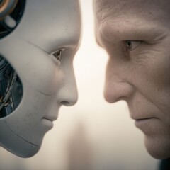 Human and Robot Face Close-Up, Artificial Intelligence and Humanity Confrontation.