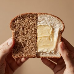 Two Halves of a Delicious Bread Slice Whole Wheat and White Bread with Creamy Butter, Held in Hands.