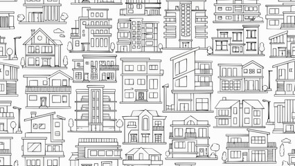 Seamless Pattern of Hand Drawn Architectural Buildings and Houses.