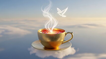 Golden teacup floating on ethereal cloud symbolic image hot steaming beverage peace dove flying