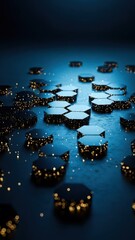 Illuminated hexagonal forms on a dark, textured surface, soft lighting
