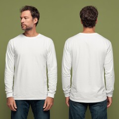 Front and Back View Mockup of Man Wearing a White Long Sleeve T-Shirt and Blue Jeans on a Green Background.
