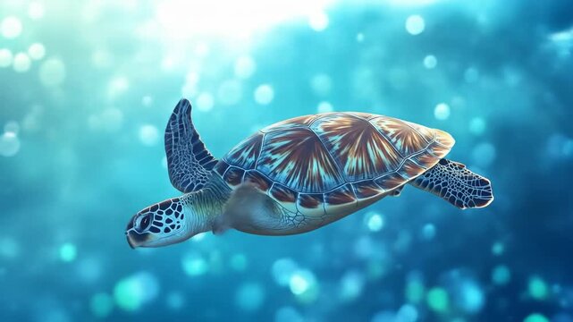 Swimming sea turtle underwater with sunlight marine animal wildlife