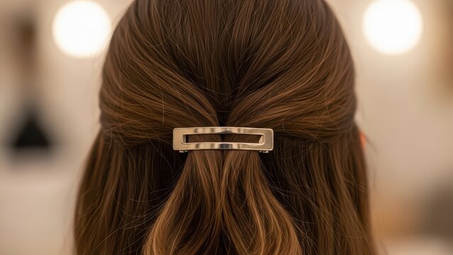 Close-up of hair with stylish metal clip on young caucasian female featuring natural brown waves