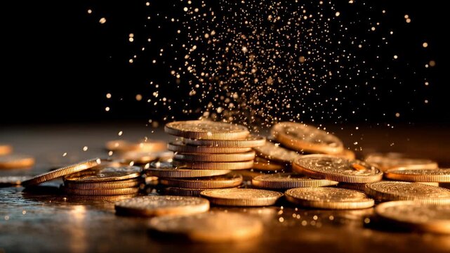 Close view of golden coins falling and stacking creating dynamic motion wealth flow and financial growth idea with dramatic lighting and dark background