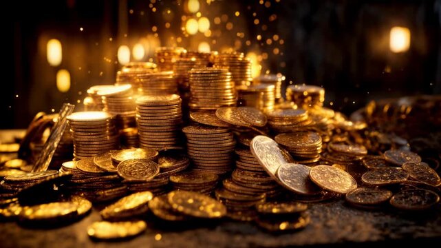 Shining gold coins stacked high with cinematic bokeh lights emphasizing richness value success and luxury financial background imagery