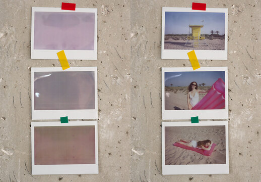 Mockup of several wide polaroids pasted on a concrete wall
