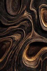 Macro Abstract Texture of Richly Carved Dark Wood with Warm Golden Highlights, Organic Swirling Grain Patterns.
