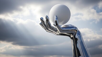 Chrome metallic hand reaching up to hold white sphere against dramatic cloudy sky with sunbeams