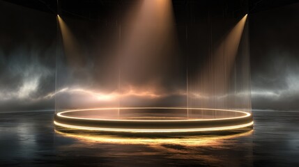 Futuristic Neon Podium Stage with Dramatic Lighting and Haze Effects.