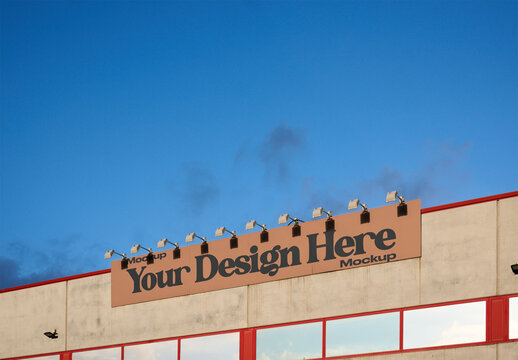 mockup of warehouse storefront with a large horizontal sign